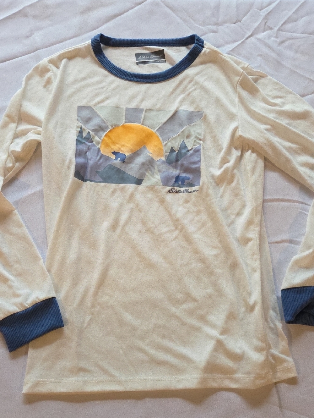Eddie Bauer Cream Long Sleeve Graphic Ringer Tee with Blue Trim